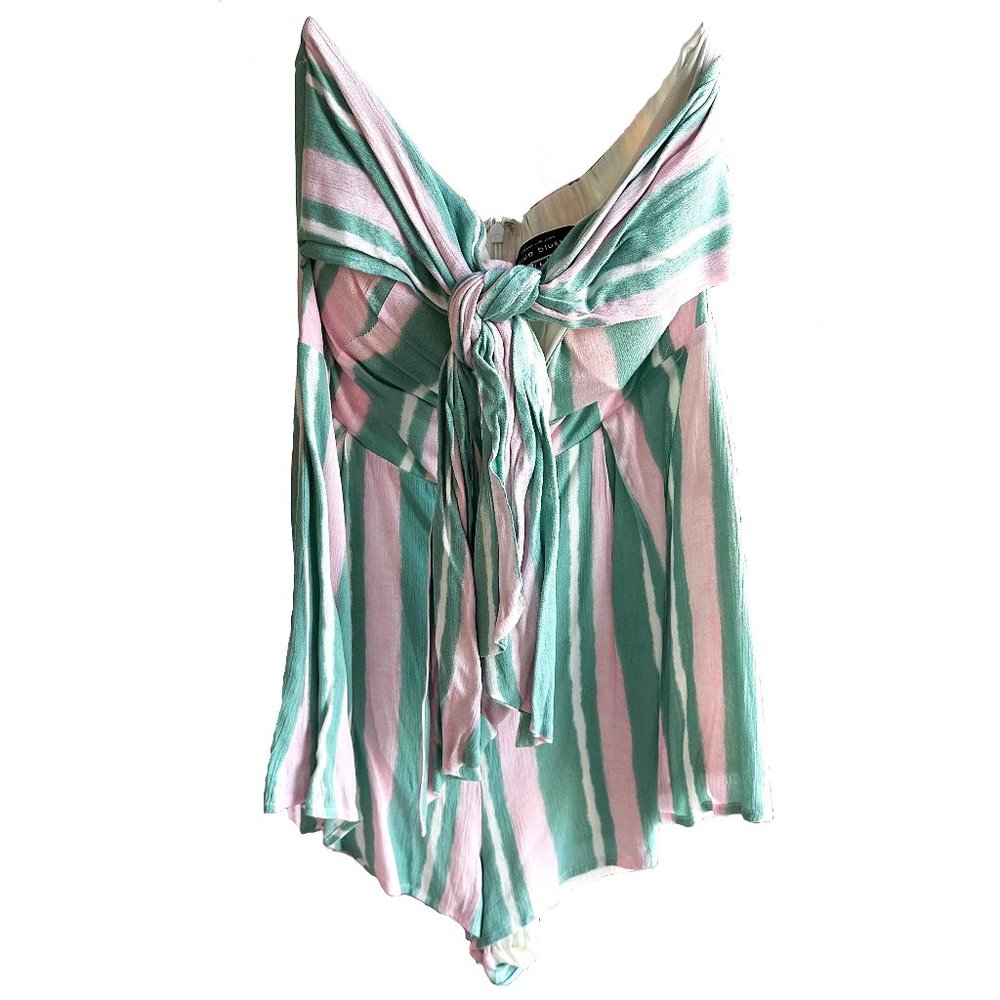DOLLS KILL Green & Pink Tie Front Striped Strapless Romper Size Large